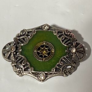 Vintage Oval Green Brooch Embellished Floral Rhinestone Silver Tone 1.75"